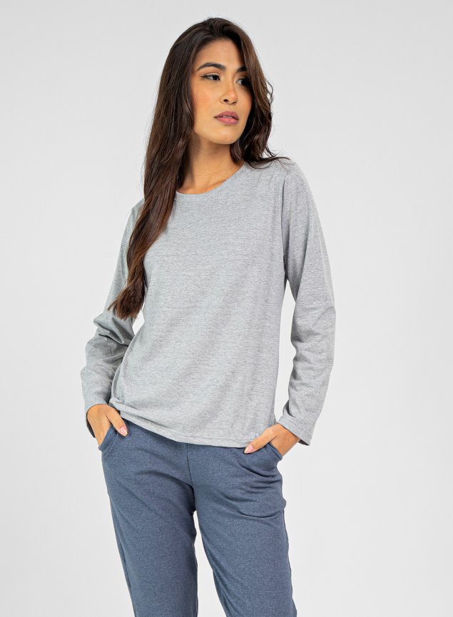 Camiseta Feminina Algodão Manga Longa, Mescla